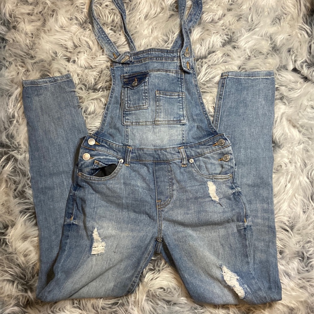 Almost famous light denim distressed crisscross back overalls, size 5